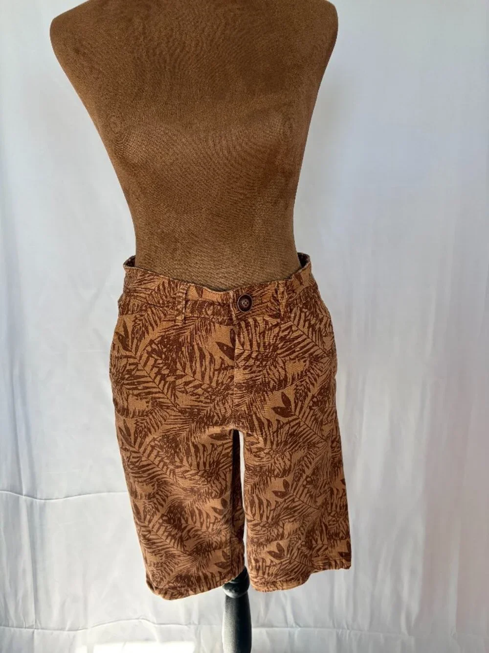 Yellow Brand Brown Tropical Palm Print Slim Fit Bermuda Shorts Size 28